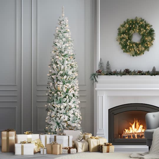 7.5ft. Pre-Lit Acacia Pencil Slim Flocked Artificial Christmas Tree, Clear Lights